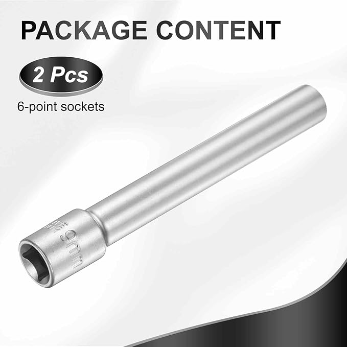 HARFINGTON 2pcs 6 Points Deep Socket 3/8" Drive 9mm Deep Metric CR-V Steel Polished Nickel Plating Flip Sleeve 120mm / 4.7" Extra Long Socket Tool for Home Auto Nuts Bolts Repair