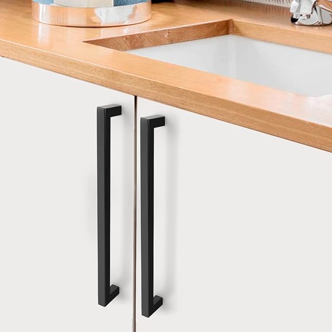 Probrico (5 Pack) Matte Black Cabinet Handles 10 Inch(256mm) Hole Center Stainless Steel Drawer Pulls Square Kitchen Cabinet Hardware