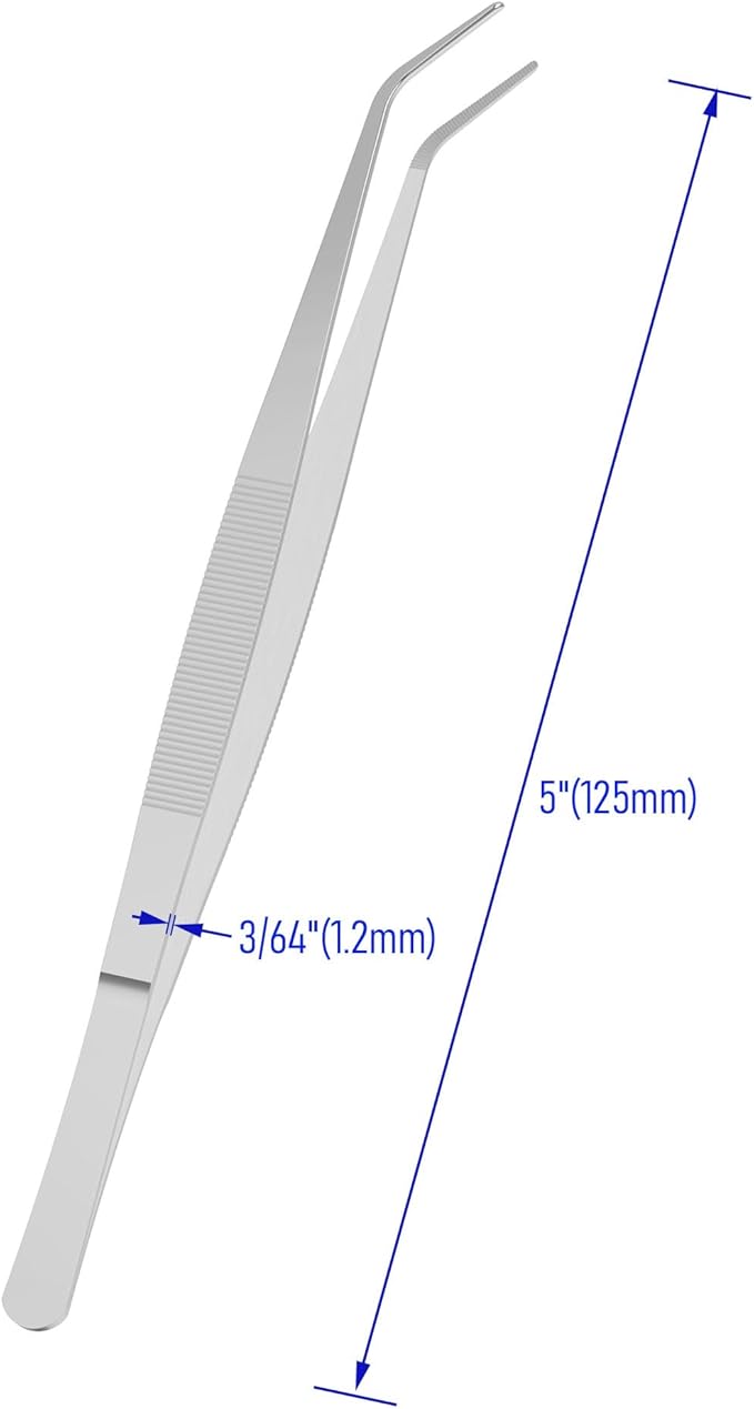 2 PCS 5 Inch Stainless Steel Tweezers with Curved Pointed Serrated Tip, Perfectly Aligned, 3/64 Inch Thickness Stainless Steel, Multipurpose Daily Garden Home Lab Craft Repairing Tool