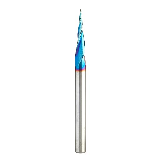 Amana Tool Carbide Up Cut Spiral CNC Router Bits for 2D/3D Carving, 46280-K, 6.2 Deg Tapered Angle Ball Tip x 1/32 D x 1/64 R x 1 x 1/4 Shank 3 Flute
