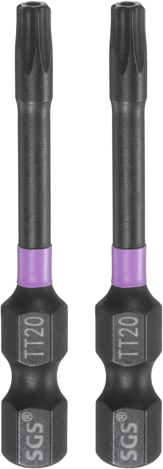 HARFINGTON 2pcs TT20 Torx Head Impact Screwdriver Bits 1/4" Hex Shank 2" (50mm) Long Magnetic Tamper Proof 6 Point Star Screw Driver Drill Bits Phosphate S2 Steel Power Tools with Hole