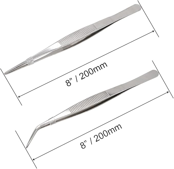 8 Inch Stainless Steel Tweezers with Straight and Curved Serrated Tip Multipurpose Forceps for Craft Repairing 2 Pack