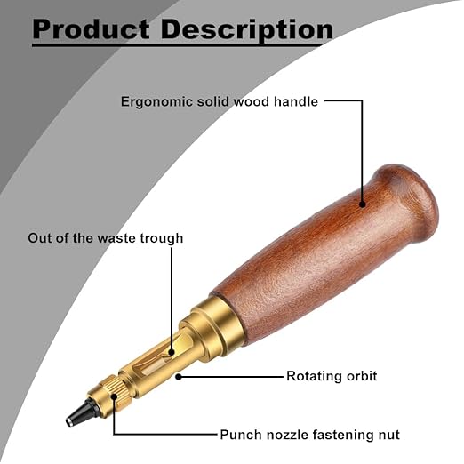 Adjustable Leather Hole Punching Tool Automatic Puncher with Wooden Handle Hollow Hole Punch with 6 Tips Size (1.5mm/2mm/2.5mm/3mm/3.5mm/4mm) for Leather Belt, Bag, Wristband