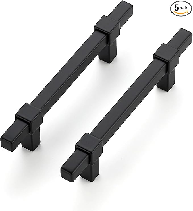 5 Pack Black Cabinet Handles - 3-3/4" Hole Center Cabinet Pulls Matte Black Drawer Pulls Cabinet Hardware Kitchen Handles for Cabinets