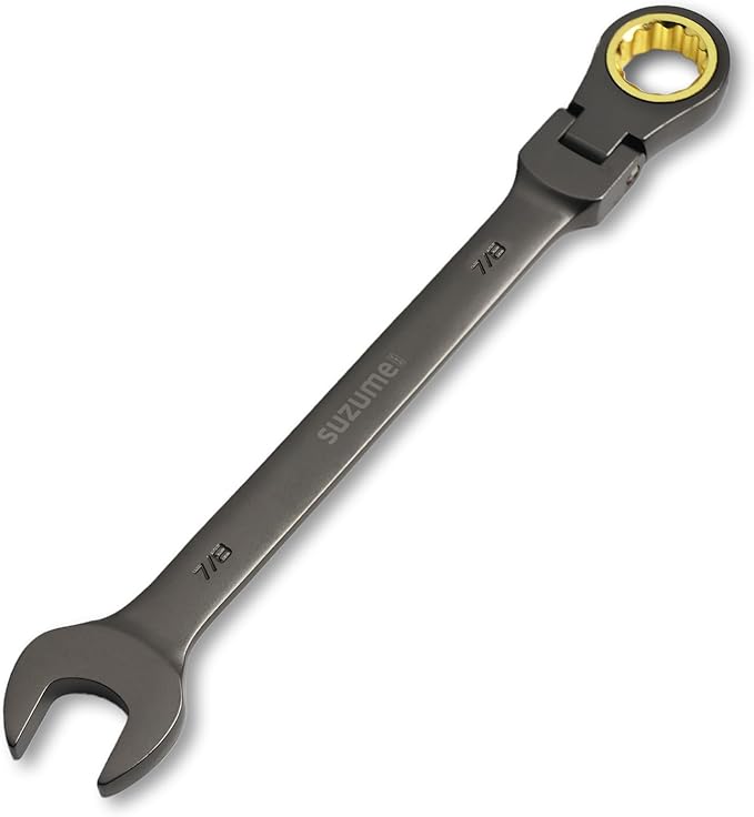 SUZUME 7/8??Flex Head Ratcheting Wrench SAE 72 Teeth Cr-V Steel with 180째 Flexible Head 15K+ Cycle Locked Gears Black Nickel Coating
