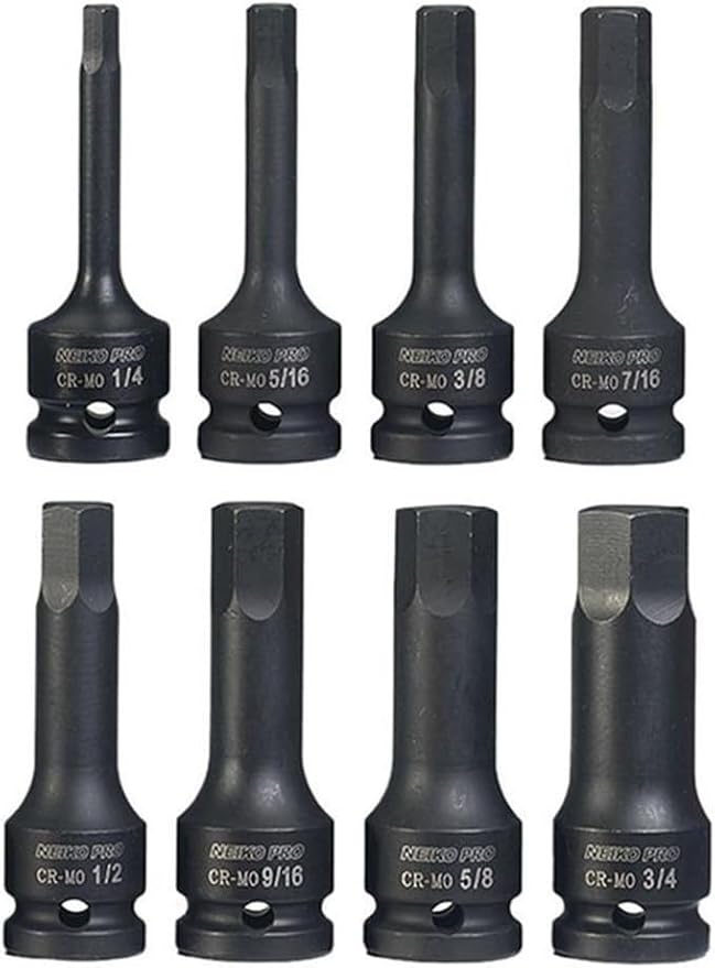 NEIKO 01137B 1/2-Inch-Drive Allen Socket Set, 3-Inch Length, 1/2-Inch Impact Hex-Bit Socket Set, SAE Hex Driver 1/4" to 3/4", CrMo Steel, Impact-Grade, 8-Piece Set