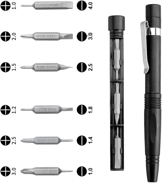 13 in 1 Magnetic Precision Screwdriver Pen, Aluminum EDC Mini Screwdriver Set with 6 Double-Ended Bits, Hidden Storage Design for Eyeglasses, Watches, iPhone, Laptop & Electronics Repair (13IN1-Black)