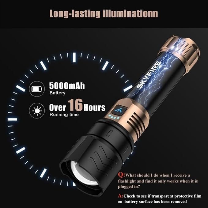 SKYFIRE LED Flashlights High Lumens with Ignition Lens&Color-Changing Yellow/Blue Lenses,2000lm Super Bright Rechargeable,Zoomable,4 Modes,Waterproof Tactical Light for Camping,Outdoor,Home&Gifts