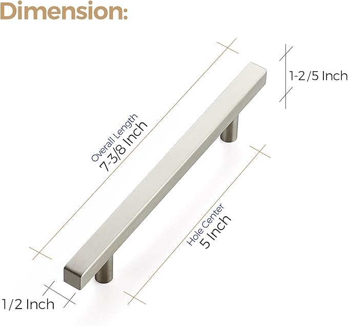 Ravinte 10 Pack 5 Inch Cabinet Pulls Brushed Nickel Sqaure Kitchen Cabinet Handles Silver Cabinet Hardware Stainless Steel Drawer Pulls 7-3/8 Inch Overall Length with Mounting Template