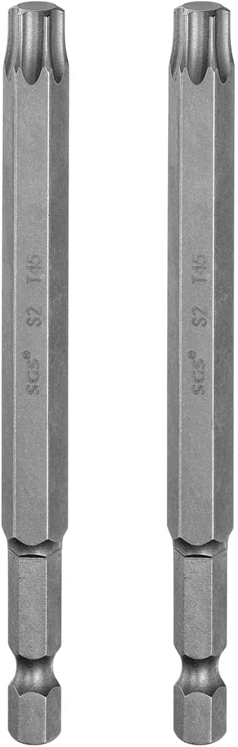 HARFINGTON 2pcs T45 Torx Head Screwdriver Bit 1/4" Hex Shank 4" (100mm) Long Magnetic No Hole Tip Tamper Proof 6 Point Star Screw Driver Drill Bits S2 Steel Industrial Power Screwdrivers