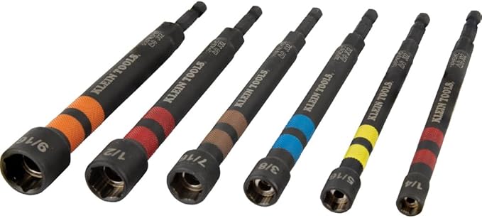 Klein Tools 32950 Ratcheting Impact Rated Hollow Power Nut Driver Set with Handle, Magnetic, Color Coded, 6 SAE Hex Sizes and Handle Included