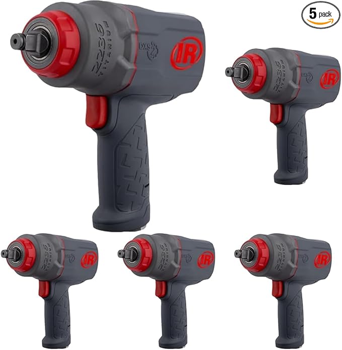 Ingersoll Rand 2236QTIMAX DXS2 1/2" Air Impact Wrench, Quiet, 1,500 ft-lb Torque, Titanium Hammer Case, Friction Ring Retainer, Pistol, Interchangeable Anvil, Multifunctional Tool (Pack of 5)
