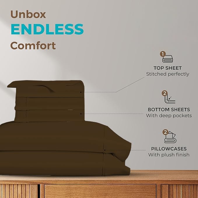 Split King Sheets for Adjustable Beds 5-Piece Split King Sheet Set, 800 Thread Count 100% Egyptian Cotton,18" Deep Pocket Adjustable Bed Sheets, Chocolate Solid