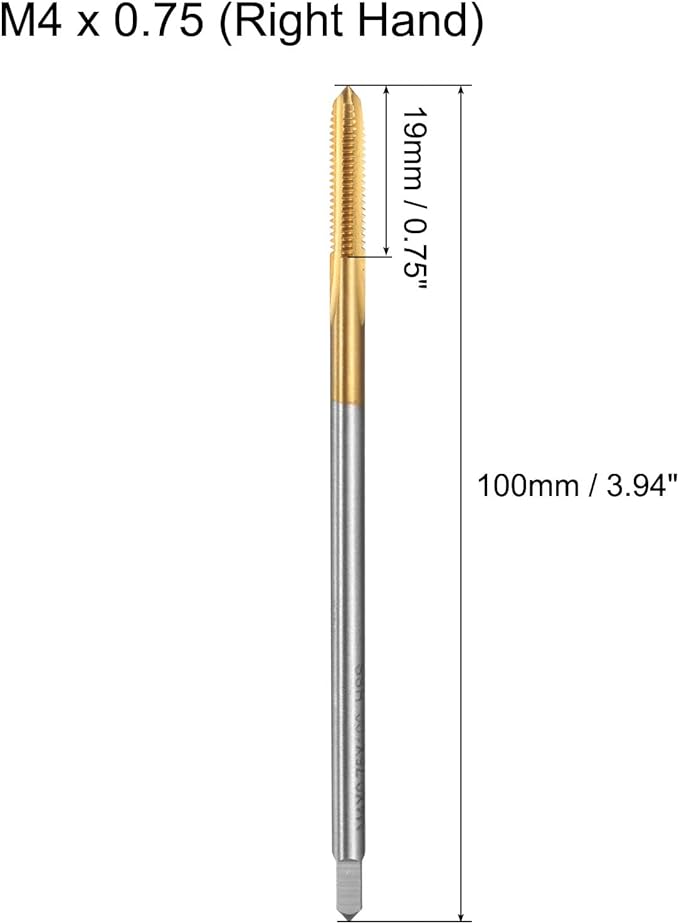 uxcell Metric Thread Tap M4 x 0.75 H2 100mm Straight Flute Screw Thread Milling Machine Taps Threading Tapping Repair Tool