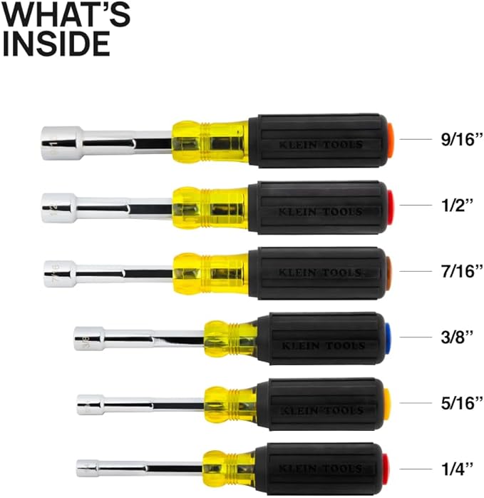 Klein Tools 65456 Hollow-Shaft Nut Driver Set, Heavy-Duty, Color-Coded Hex Sizes 1/4 to 9/16-Inch, Cushion-Grip Handles, 6-Piece