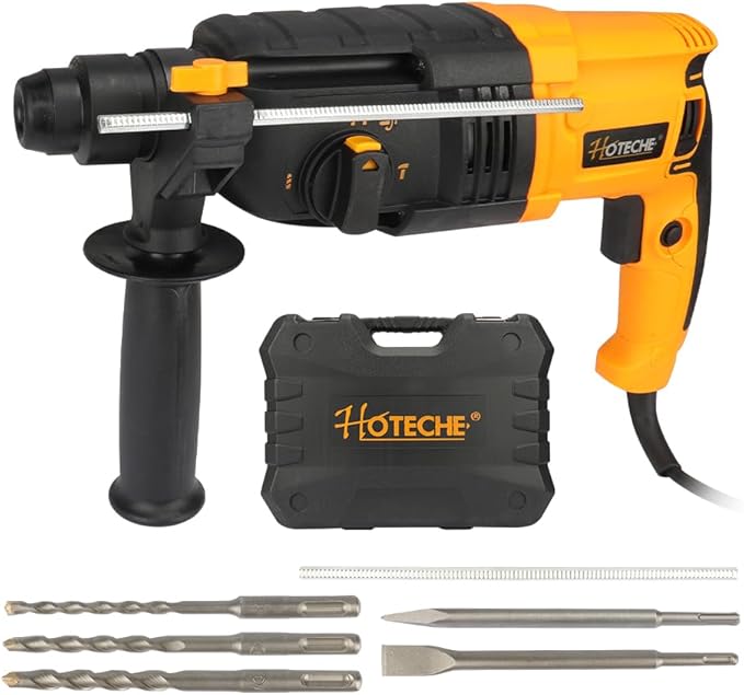 Hoteche 5.17 Amp SDS-Plus Rotary Hammer Drill, 4-Function 24mm (15/16") ??2.6J Impact Energy, 0??850 BPM, Variable Speed ??6 Drill Bits, 2 Chisels, UL Plug, Carrying Case ??For Concrete, Wood, Steel