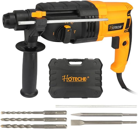 Hoteche 5.17 Amp SDS-Plus Rotary Hammer Drill, 4-Function 24mm (15/16") ??2.6J Impact Energy, 0??850 BPM, Variable Speed ??6 Drill Bits, 2 Chisels, UL Plug, Carrying Case ??For Concrete, Wood, Steel