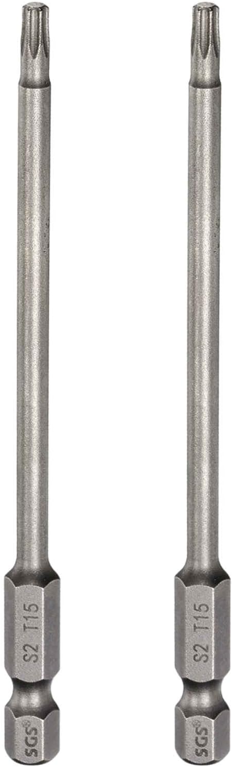 HARFINGTON 2pcs T15 Torx Head Screwdriver Bit 1/4" Hex Shank 4" (100mm) Long Magnetic No Hole Tip Tamper Proof 6 Point Star Screw Driver Drill Bits S2 Steel Industrial Power Screwdrivers