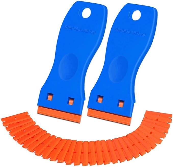 Plastic Razor Blade Scrapers with 100 Blades ??LINKOceans Safe Adhesive Remover for Stickers, Decals, Labels, Caulk & Gaskets on 3D printer beds,Glass,car or Windows Non Scratch Cleaning Tool