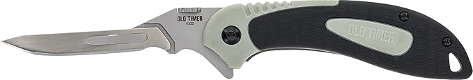 Old Timer Replaceable Blade Knife Kit with Interchangeable Scalpel Blades, Saw Blades, and Gut Hooks, Rubber Overmold Grip, and Liner Lock for Hunting, Skinning, and Outdoors