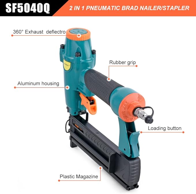 Pneumatic Brad Nailer - 18 Gauge 2-in-1 Nailer, 5/8'' to 2'' Brad Nails and 5/8'' to 1-5/8'' Crown Staples, Safety Glasses and 1000pcs Nails, for Carpentry, DIY, Woodworking