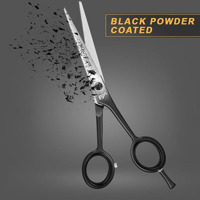 BEAUTICONE 짰 Hair Cutting Scissors - High Carbon SS 6.5" Professional Barber-Grade Salon Shears with Serrated & Razor Edge - Black Premium Gift Box with Leather Pouch & Extra Accs - Ultra Lightweight