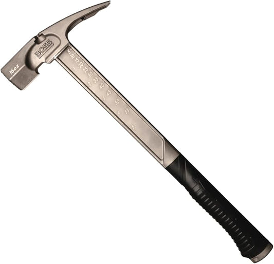 Boss Hammer 16 oz. Pro Series Titanium Hammer with Over-Molded No-Slip Rubber Grip - Construction Grade, Dual Side Nail Pullers, Smooth Face - Made in the USA - BH16TIS