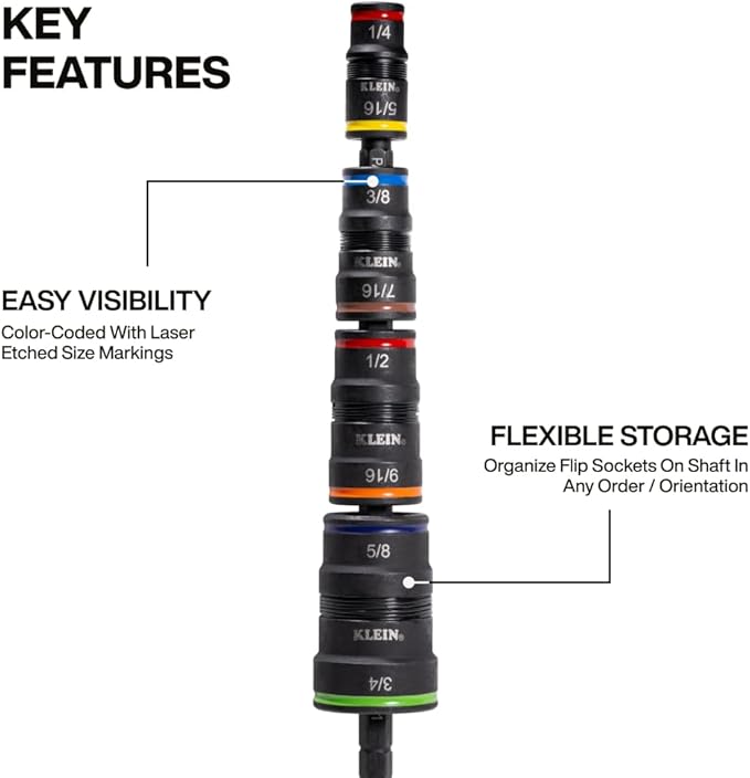 Klein Tools 32934 Impact Driver, 9-in-1 SAE Impact Socket Set, 4 Flip Sockets with 1/4, 5/16, 3/8, 7/16, 1/2, 9/16, 5/8, and 3/4-Inch Nut Driver Sizes with Bit Holder, 6-1/2-Inch Shaft