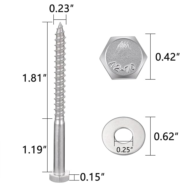25 Pcs M6x3 Inch Lag Screw Kit Wood Screws for Small Scale 304 Stainless Steel 18-8 DIY Maintenance Handmade Wooden Boxes Mini Bookshelves