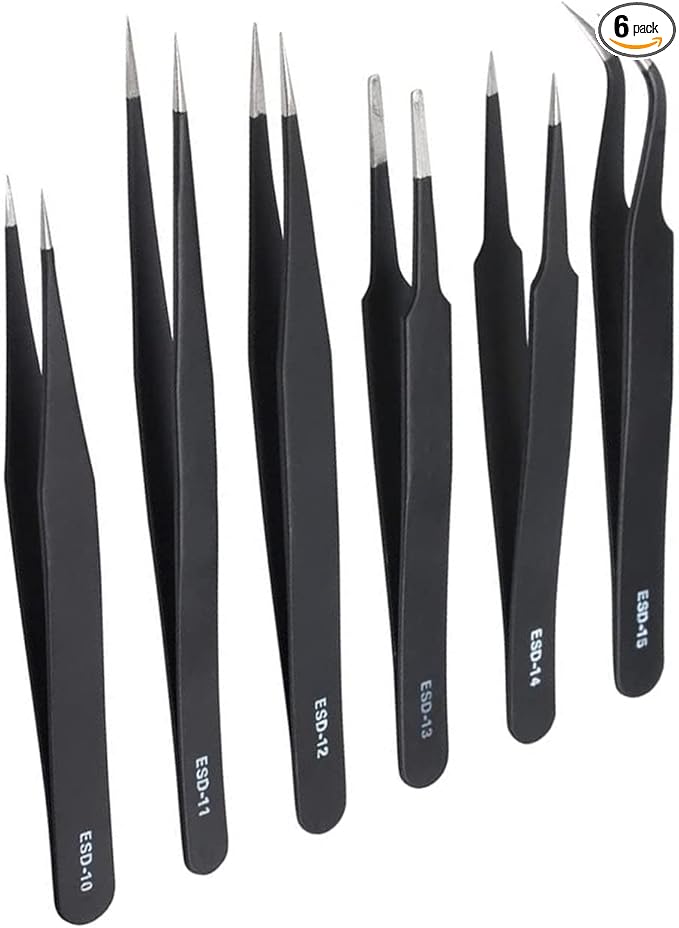 6PCS Precision Tweezers Set Fine Tip Anti-Static Curved of Tweezers ESD Electronics Laboratory Work Jewelry-Making Craft, Soldering Multiple Usage