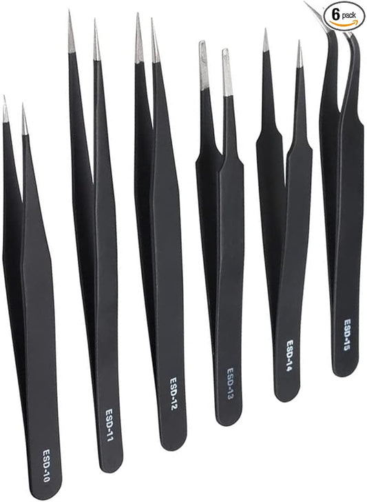 6PCS Precision Tweezers Set Fine Tip Anti-Static Curved of Tweezers ESD Electronics Laboratory Work Jewelry-Making Craft, Soldering Multiple Usage
