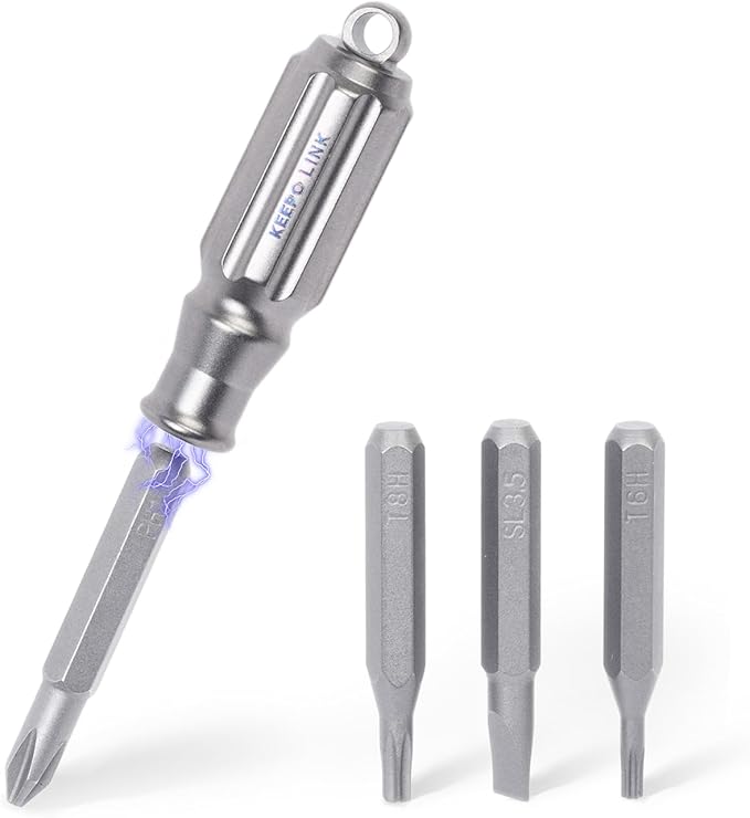 KEEPO LINK Small Screwdriver Set with 4 Magnetic Bits (PH1, SL3.5, T6H, T8H), Titanium Mini Torx Screwdriver Keychain, Precision Screwdriver Torx Bit Set for Everyday Carry (Gunmetal Grey)
