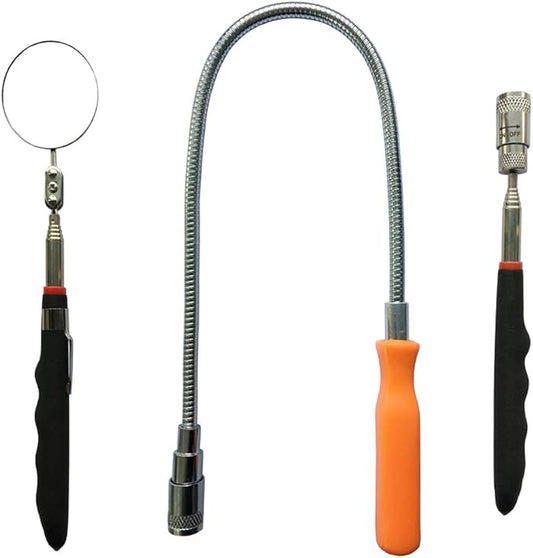 Telescopic Inspection Mirror, Round Mirror (Diameter 5mm / 1.96in). Telescopic Magnetic Pickup with LED Lights. Directional Magnetic Pickup with LED Light. 3-in-1 Tool Set.