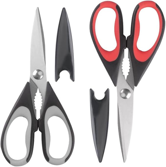 Kitchen Scissors, Durable Stainless Steel Blade, Soft Grip Comfort Handle, Multipurpose Heavy Duty Kitchen Scissors Set with Protective Cover, Black/Red, 8.7 Inch 2-Piece Set