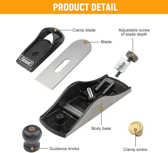 Hoteche 7-Inch Block Plane - Fully Adjustable 1-5/8-Inch Alloy Steel Blade, Fine Finished Bottom, and Sides, Precision Casting for Smooth Surfaces