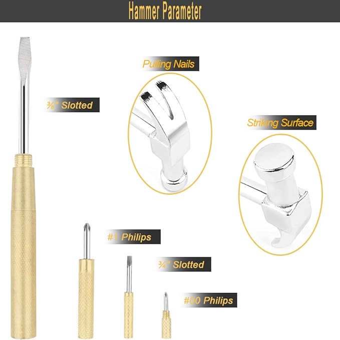 6-In-1 Multifunctional Metal Mini Hammer, Small Nesting and Screwdriver Set, Portable Steel Mini Hammer Ideal (Silver Yellow)