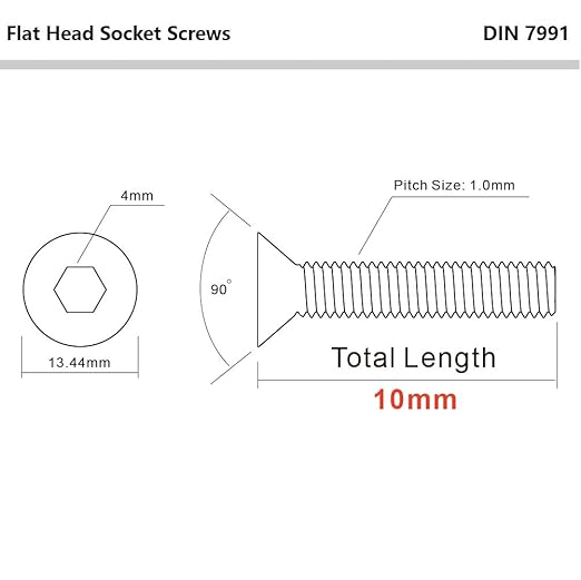 MewuDecor M6 x 10mm Flat Head Socket Cap Screws, Stainless Steel 18-8, Bright Finish, DIN 7991, Fully Threaded, Pack of 25