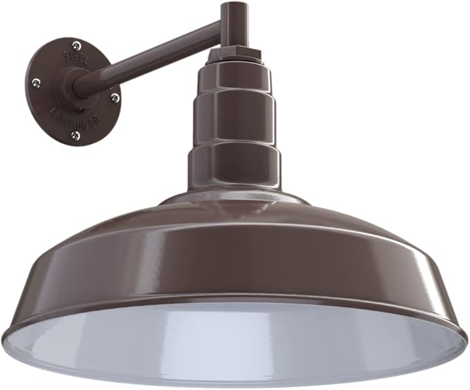 Steel Lighting Co. | Dusk to Dawn | Gardena Barn Light | Outdoor Wall Mounted | 16" Dome | 11" Straight Arm | Farmhouse Light Made in America | Dark Bronze Exterior/White Interior