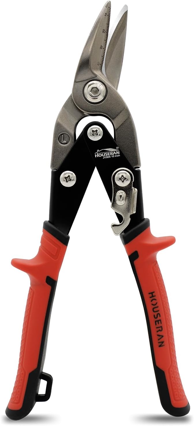 10 Inch Aviation Snips, Left Cut Offset Tin Snip, Heavy Duty CR-MO Tin Cutters with Double Lever, Scale Markings & Safety Lock, Sheet Metal Snips, Shears Scissors for Cutting Metal Sheet