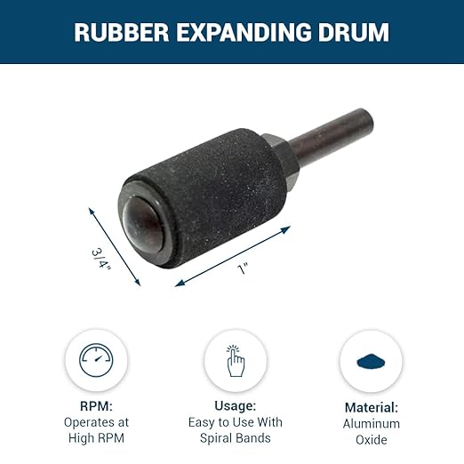 Benchmark Abrasives 3/4" x 1" Rubber Expanding Drum Sander with 1/4" Mandrel, Spiral Bands Rotary Sander Attachment for Drill & Die Grinder, Metal Polishing, Sanding Shaping - Sanders for Woodworking