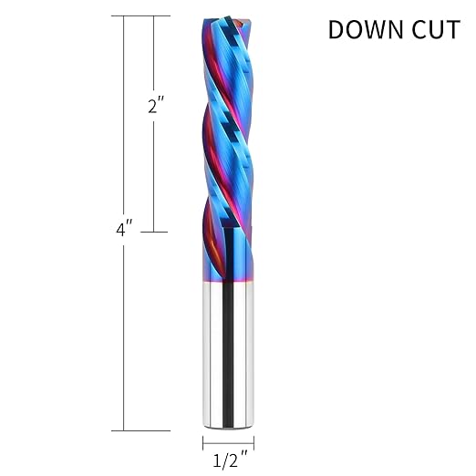 2PCS Downcut Spiral Router Bit Extra Long (4 inch) with 1/2 Inch Shank, 1/2 Inch Cutting Diameter Solid Carbide CNC End Mill Bits for Wood Carving, Plunge Cut (3-Flute)