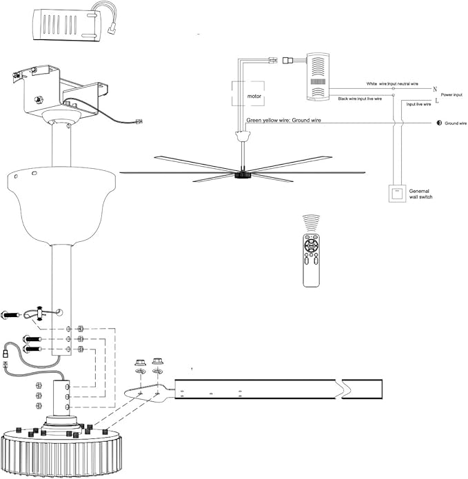 144 Inch Ceiling Fan Indoor/Outdoor 12ft HLVS Industrial - Black Modern Big Ceiling Fan With Remote for Living Room, Patio, Garage - DC Motor 5-Year Warranty (144in Black)