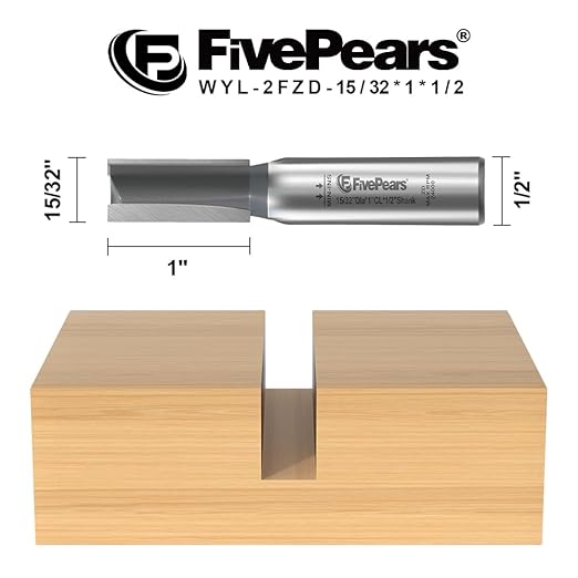 FivePears Straight Router Bits 1/2 Inch Shank Double Flute, 15/32 Inch Cutting Diameter, 1 Inch Cutting Length, Used for Create Groove, Dado or Hollow