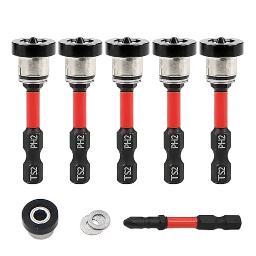 5pcs TEURSA 짰 Magnetic Drywall Screw Setter Bits ??Adjustable Depth PH2 Positioning Bits with Removable Aluminum Collar, S2 Steel Hex Shank for Sheetrock and Plasterboard Screws (5pcs 2")