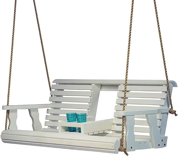 Porchgate Amish Heavy Duty 800 Lb Rollback Console Treated Porch Swing with Hanging Ropes (Semi-Solid White Stain)