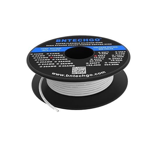 BNTECHGO 14 Gauge Silicone Wire Spool 50 ft White Flexible 14 AWG Stranded Tinned Copper Wire