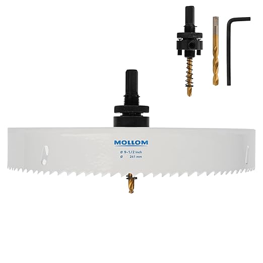 Mollom (241mm | 9-1/2") HSS M42 with 8% Cobalt BI-Metal Hole Saw with 2 Pilot Drill Bits & Arbor Smooth Cutting for PVC,Drywall,Wood,Plastic,Gypsum Board,Rubber