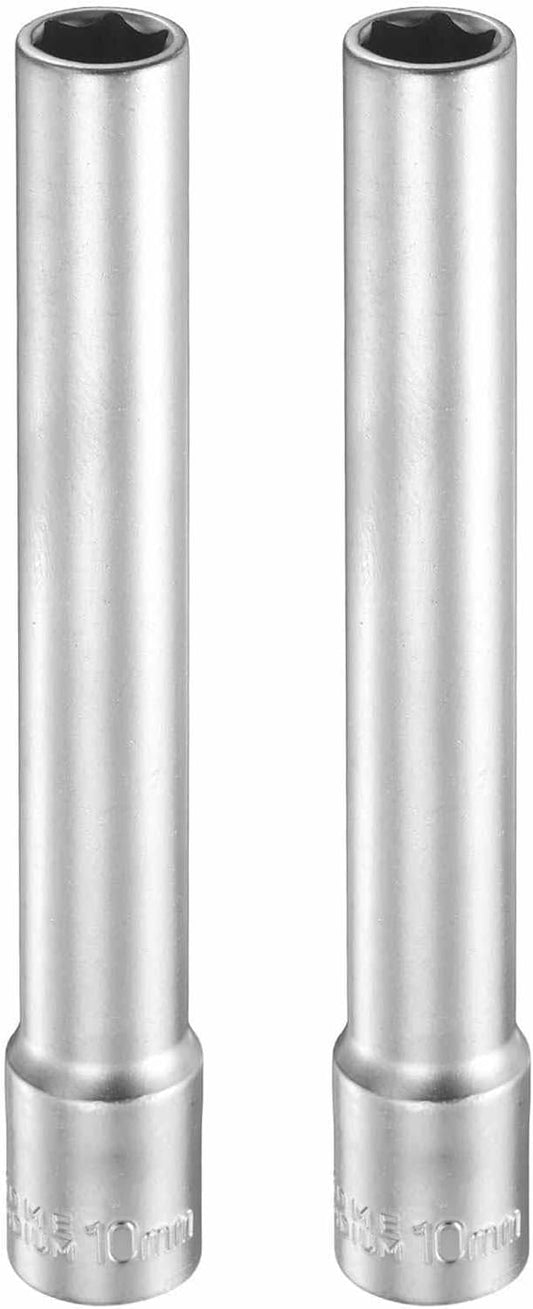 HARFINGTON 2pcs 6 Points Deep Socket 3/8" Drive 10mm Deep Metric CR-V Steel Polished Nickel Plating Flip Sleeve 120mm / 4.7" Extra Long Socket Tool for Home Auto Nuts Bolts Repair