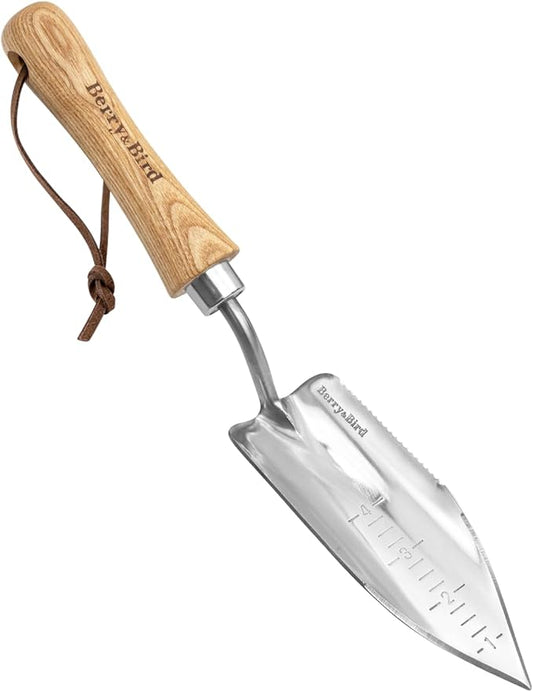 Berry&Bird Potting Trowel, Stainless Steel Serrated Hand Shovel, Wood Handle Garden Trowel Tool with Measuring Scale for Effortless Digging,Roots竊똏lanting, Cutting and Transplanting