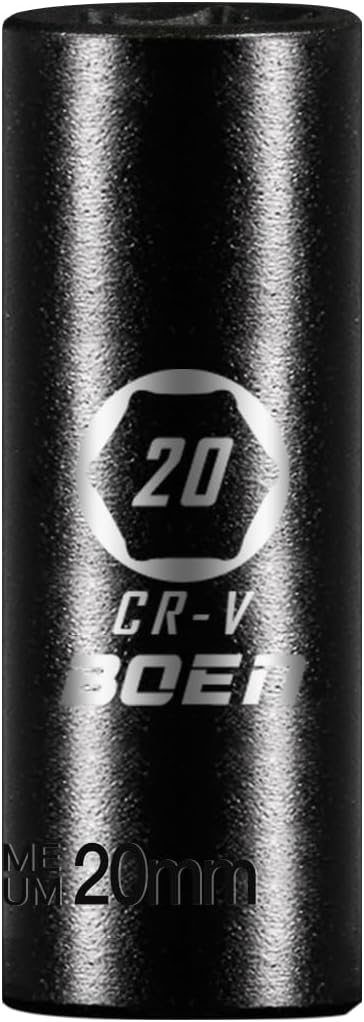BOEN 1/2" Drive Deep Impact Sockets, Premium Impact Socket, 20mm Socket, Metric, 6 Point, Cr-V Steel with Laser Marking - Strong and Durable